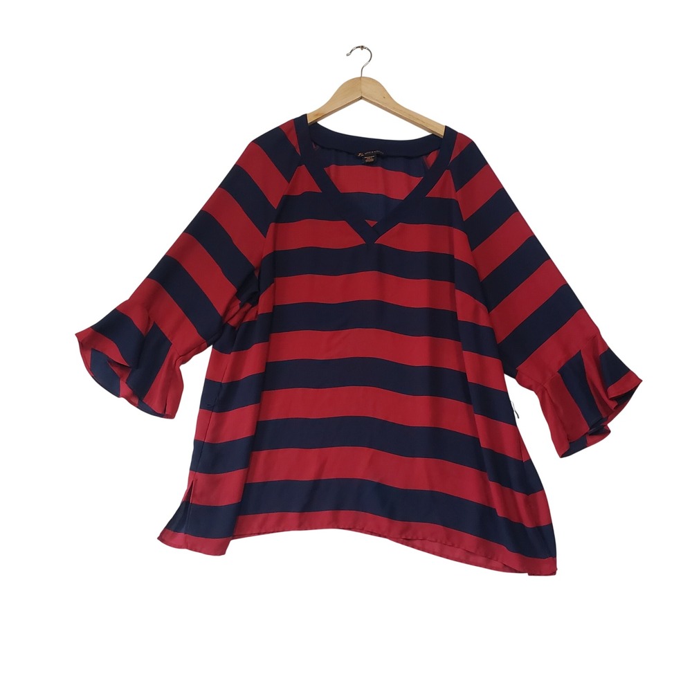 Love & Legend Striped Blouse Womens 22 Red Navy Blue V Neck Ruffle Sleeve Top